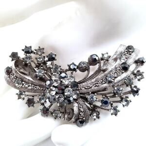 Vintage Gray Silver Black Rhinestone Brooch Pendant, 2 3/4 Inches